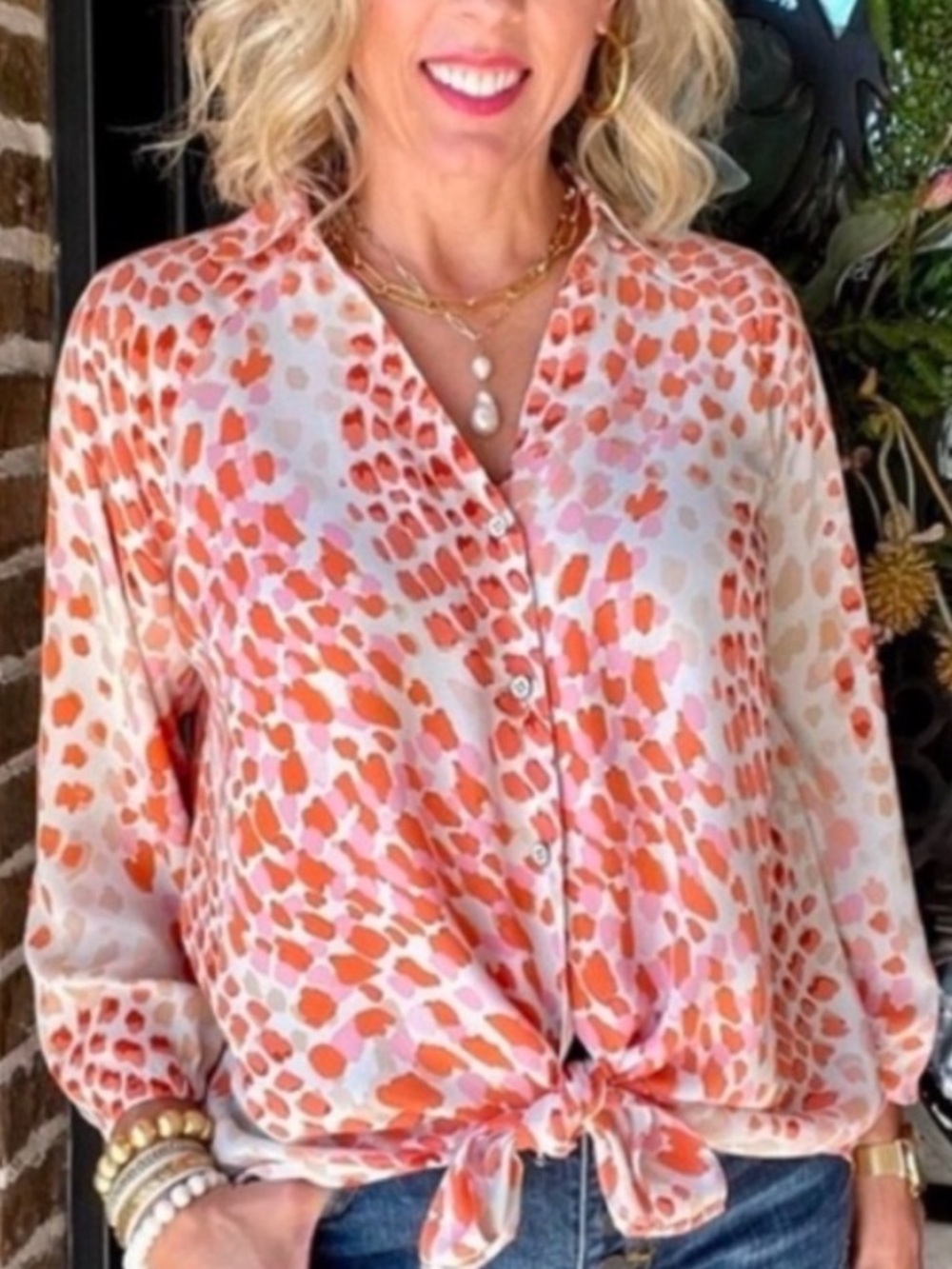 CABI XS 6081 ‘Go To’ Coral and Cream Leopard Button Down Blouse B11